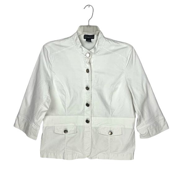 ELEMENTZ White Cotton Military Style BandCollar Light Wash Denim Jean Jacket XL - Picture 1 of 10